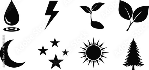 Collection of icons representing natural elements and celestial symbols in black and white