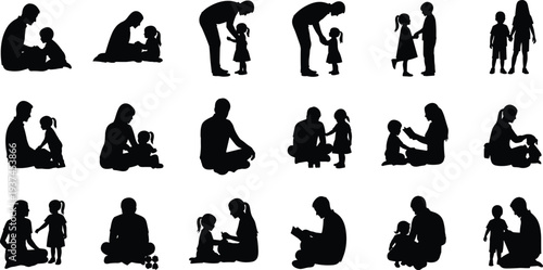 Detailed vector silhouette bundle of fathers and mothers interacting, playing, and sitting with their young children in various loving household poses.