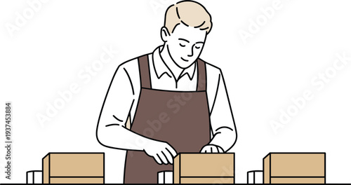 Bakery employee sealing bread packages on production line, flat minimalist vector illustration of food packaging and manufacturing workflow
