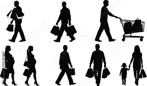 Black silhouette set of diverse people shopping including pregnant women, parents with children, and men carrying bags or pushing a cart.