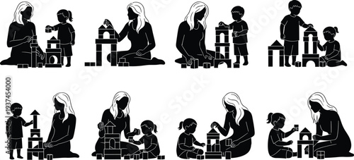 Vector silhouette set of a loving mother playing with her children using wooden toy blocks in various sitting and kneeling poses.