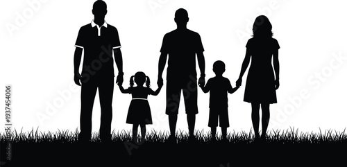 Black vector silhouette of a happy family of four holding hands together while standing outdoors in the tall summer grass.