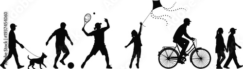 Title: Black silhouette collection of people enjoying outdoor recreational activities including dog walking soccer tennis kite flying cycling and casual walking scenes  
