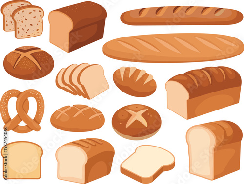 Collection of assorted fresh bread loaves slices and pretzels isolated on white background flat vector illustration
