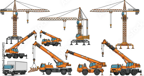 PrintConstruction cranes and mobile crane trucks set heavy equipment machinery for building industry lifting operations vector illustration isolated on white background