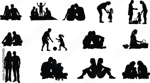 Silhouette vector bundle featuring diverse couples and families enjoying outdoor activities, sitting together, picnicking, and parents playing with their children.