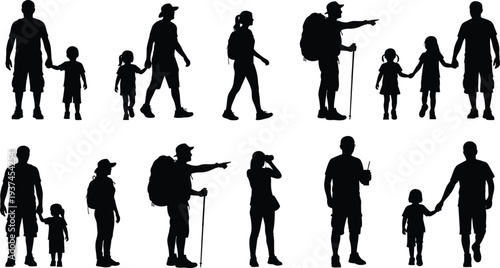 Title: Two-row black silhouette set of adults and children in varied poses with backpacks walking and standing for outdoor lifestyle and editorial design