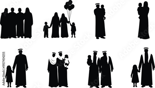 Title: Collection of black hiking silhouettes showing families and individuals with backpacks walking sticks and outdoor gear for travel and adventure illustrations