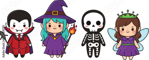 Cute Halloween characters vector set featuring vampire, witch, skeleton and fairy in cartoon style, colorful kids costume design isolated on white background
