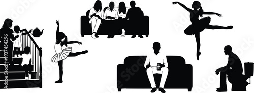Title: Black silhouette family and ballet scenes of a child dancer practicing while adults watch, capturing domestic life and performing arts