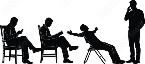 Silhouette set of men in various poses sitting on chairs reading book using phone relaxing and standing talking on mobile isolated on white background.