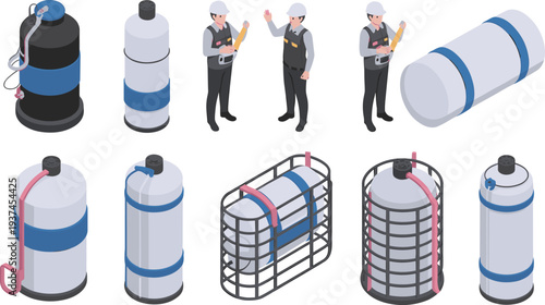 Industrial chemical storage tanks and factory workers vector illustration with containers, pipelines and engineering equipment for processing plant operations