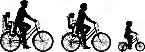 Title: Three black bicycle silhouettes showing adults riding with children in rear child seats and a small child riding independently  