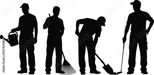 Black silhouette set of male gardeners and farmers in caps working with watering can rake and shovel isolated on white background for landscaping design.