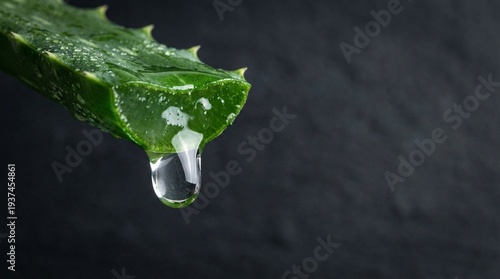 Fresh aloe vera leaf with a glistening water drop on a dark background for natural skincare concept and organic wellness