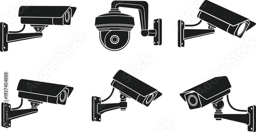 Collection of Six Black Security Camera Icons on White Background cctv surveillance