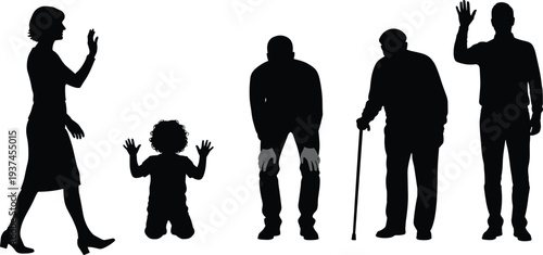 Human life stages silhouettes from child to senior showing aging process, body posture changes and lifespan development concept, family growth, healthcare awareness, black vector illustration 