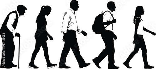 Human walking silhouettes showing life stages from elderly to youth, age progression, daily movement and lifestyle evolution concept, people in motion, black vector illustration isolated on white 