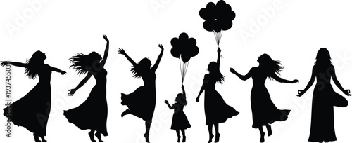 Joyful women and child silhouettes dancing and jumping with balloons, freedom, happiness and celebration concept, family lifestyle, festive moment, black vector illustration isolated on white 