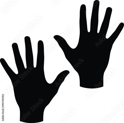 Black hand silhouettes with open palms raised, minimalist human gesture symbol for stop, help, protection, identity, safety, sign language, isolated vector illustration on white background