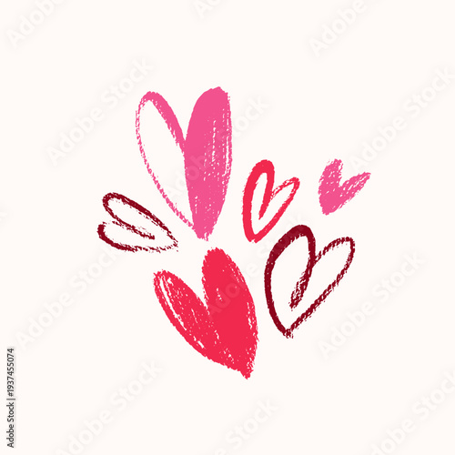 Dynamic fountain composition of crayon hand drawn hearts. Artistic pencil drawing of love concept. Vector illustration.