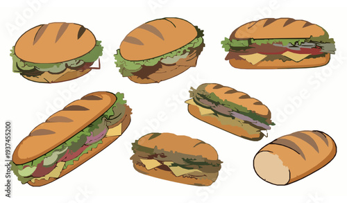 Colorful hand drawn sandwich and sub roll food vector set with vegetable cheese fillings isolated on white