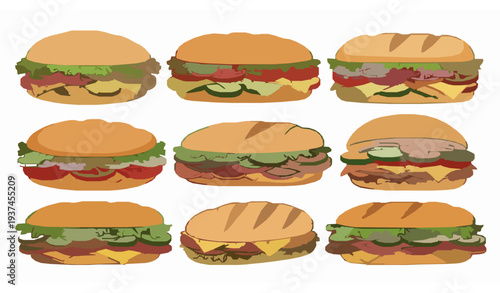 Hand drawn sandwich and sub roll vector illustration set with fresh vegetable and cheese fillings isolated on white