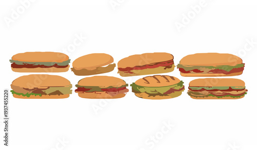 Cute hand drawn sandwich and sub roll vector illustration with fresh vegetable cheese fillings isolated on white