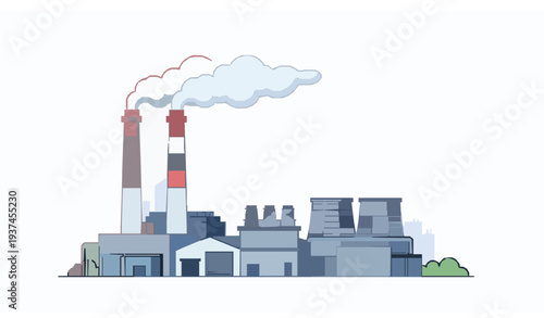 Industrial manufacturing plant vector illustration with smoke emitting chimneys and city skyline background