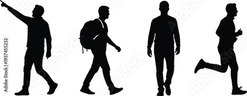 Black male human silhouettes showing walking running pointing and traveling poses, modern lifestyle motion concept, full body people vector illustration isolated on white background