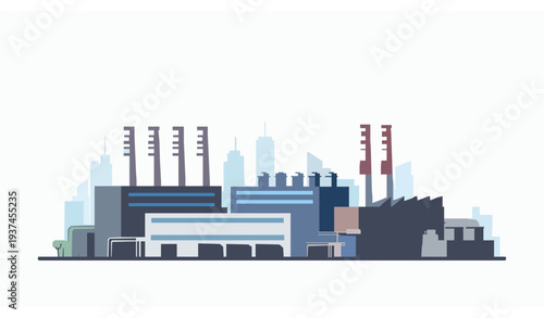 Modern industrial factory complex vector illustration with smokestacks and city skyline production scene