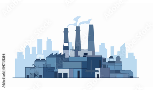 Modern factory complex with smokestacks and city skyline vector industrial production illustration