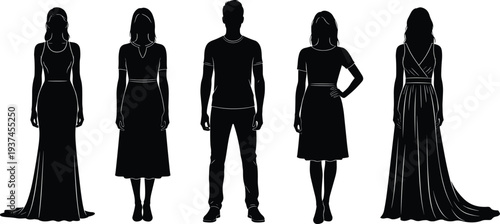 Fashionable people silhouettes standing in different poses wearing casual and elegant outfits, modern lifestyle, diversity and style concept, minimal black 