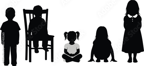Children silhouette collection showing different sitting and standing poses, childhood development concept illustration with boys and girls isolated on white background vector style