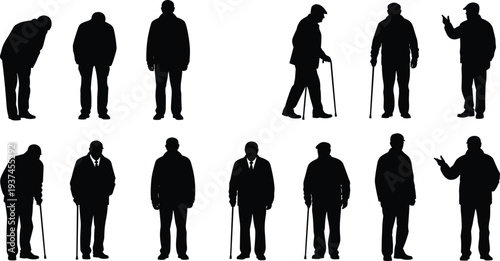 Elderly men silhouette set showing walking, standing, bending and talking poses, senior lifestyle and aging concept illustration isolated on white background