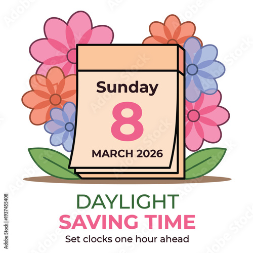 Daylight saving time illustration with calendar, setting clocks ahead
