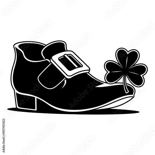 St patricks day leprechaun shoe with clover black and white cartoon icon vector illustration isolated on transparent background