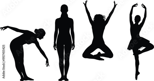 Female dancer silhouette collection showing ballet, modern dance, jumping, stretching and standing poses, elegant body movement set, black vector figures isolated on white background