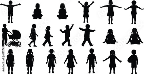 Child silhouette collection showing kids standing, walking, sitting, playing, and holding objects, childhood activity poses set, black vector figures isolated on white background