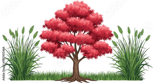Red autumn tree with lush green grass and decorative plants, nature landscape illustration, seasonal garden design concept, colorful foliage isolated on white background