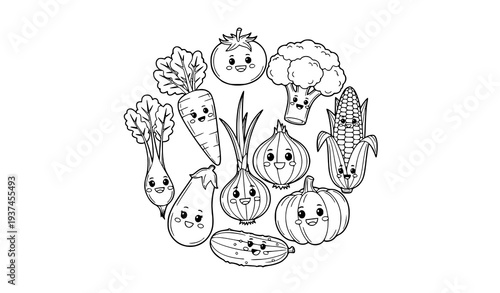 Cute smiling vegetables black and white coloring page vector with cartoon carrot tomato broccoli and corn characters