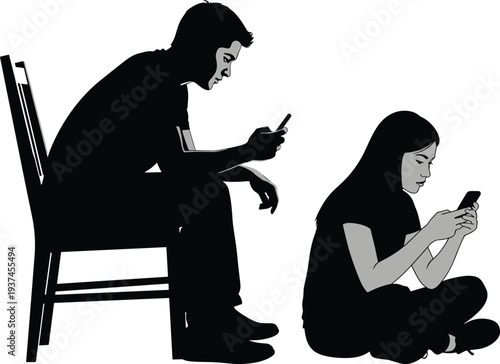 Modern technology addiction concept showing man and woman silhouettes using smartphones, digital communication dependence, social media isolation, minimal black vector illustration on white background