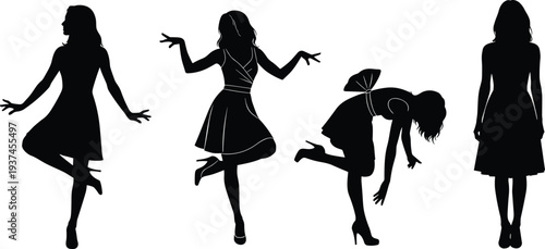 Elegant female dance silhouettes in dynamic poses, stylish women figures performing expressive movements, fashion dress choreography concept isolated on white background illustration