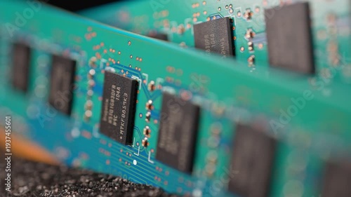 DDR RAM memory chips module macro view. Random Access Memory RAM module disconnected from computer motherboard. Production for AI data centers 