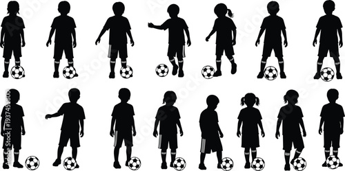 Children soccer player silhouettes set with football in multiple poses, boys and girls sports activity collection, youth training and teamwork concept isolated on white background
