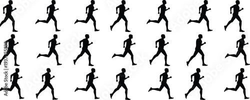 Running man silhouettes set in multiple poses, athlete jogging and sprinting movements, fitness training, endurance exercise, speed and active lifestyle concept isolated on white background
