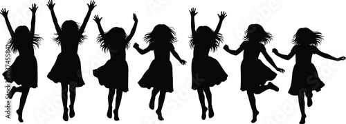 Joyful girls silhouettes jumping and dancing together, playful children expressing freedom and happiness, energetic movement and childhood fun concept isolated on white background
