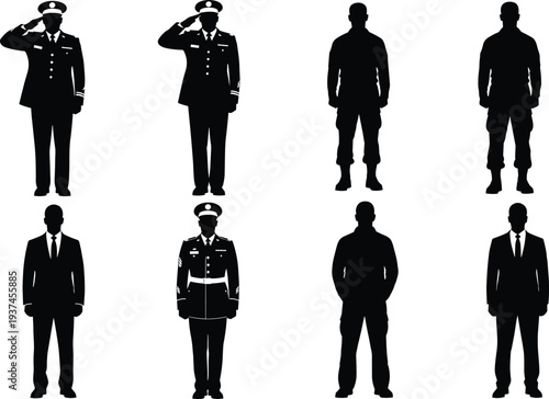 Military and civilian male silhouettes set in uniform and formal clothing, soldiers saluting and standing poses, defense service, authority, and professional roles concept isolated on white background