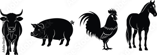 Farm animal silhouettes set including cow, pig, rooster, and horse, livestock collection for agriculture, farming, rural life, and animal husbandry concept isolated on white background
