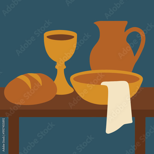 Maundy Thursday Composition with Bread Wine Basin and Towel Elements